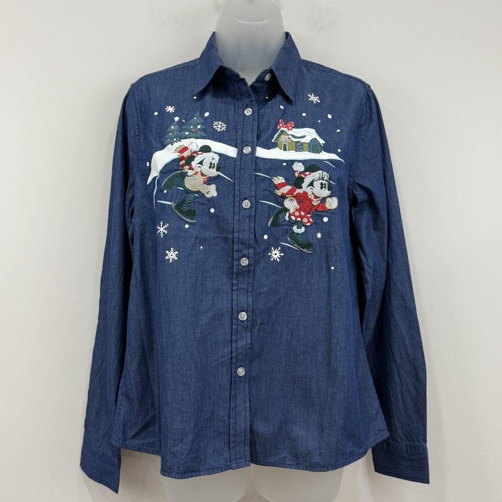 Disney Parks Walts Holiday Lodge Mickey Minnie Denim Shirt Womens M Novelty 2021